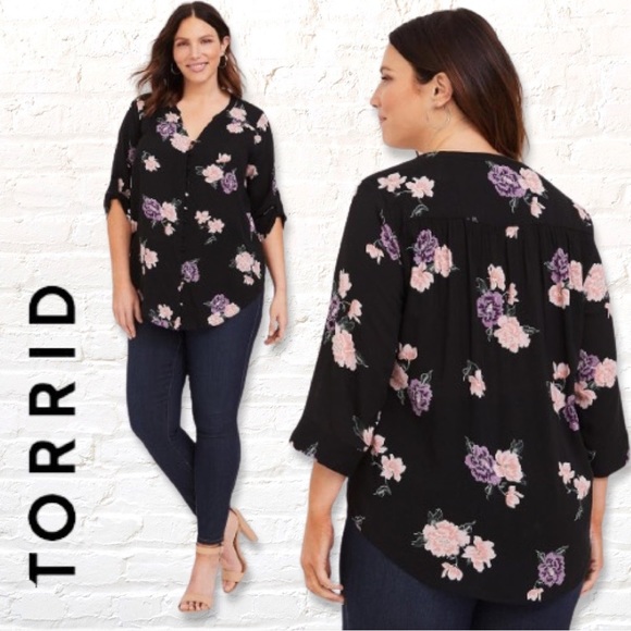 torrid Tops - TORRID Harper Challis Button-Front 3/4 Sleeve Blouse Plus Size 4XL Floral Bunche